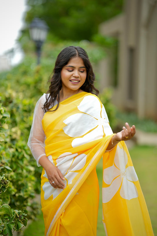 Sunshine Bloom Hand-painted Georgette Saree