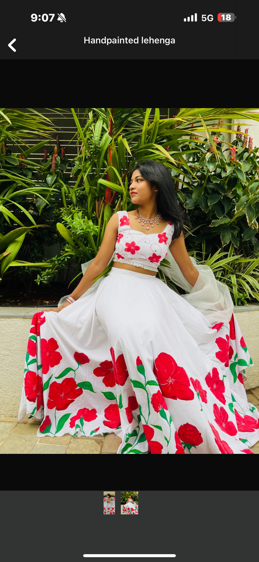 Red Blossom Hand-painted Lehenga Set with Organza Dupatta
