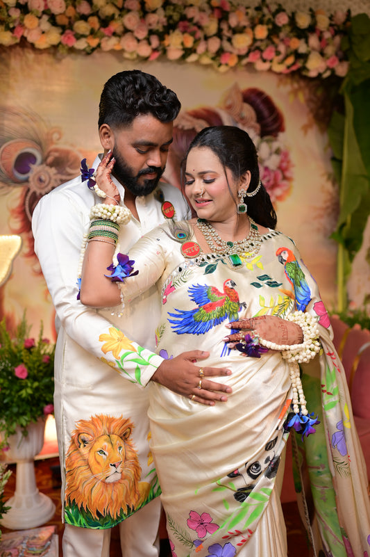 Customized Hand-Painted Baby Shower Saree & Kurta Set
