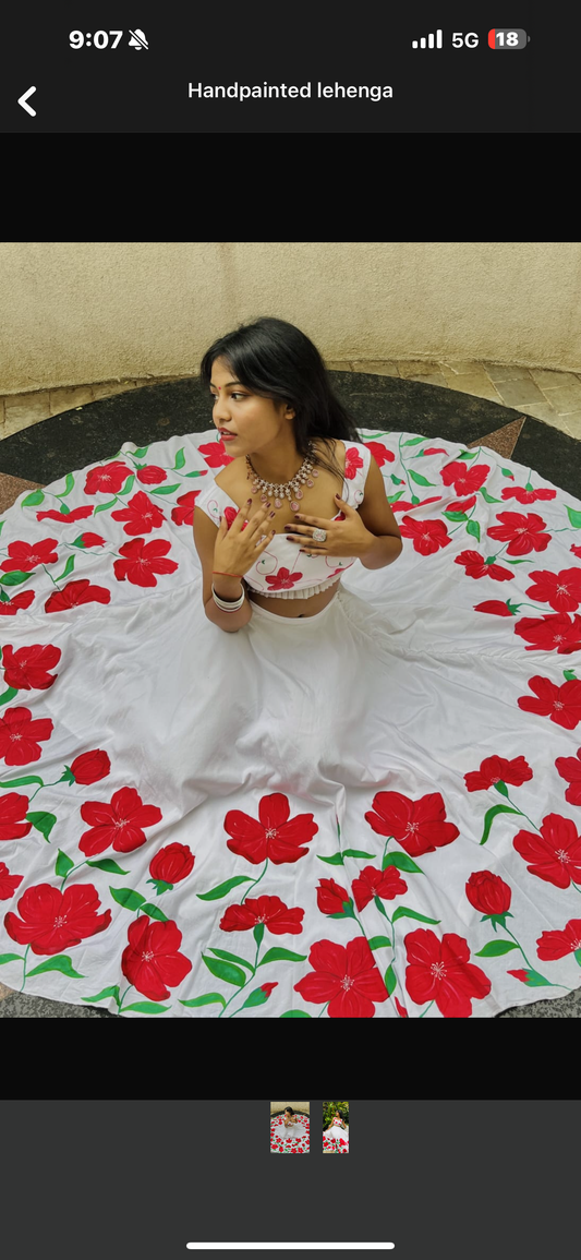 Red Blossom Hand-painted Lehenga Set with Organza Dupatta