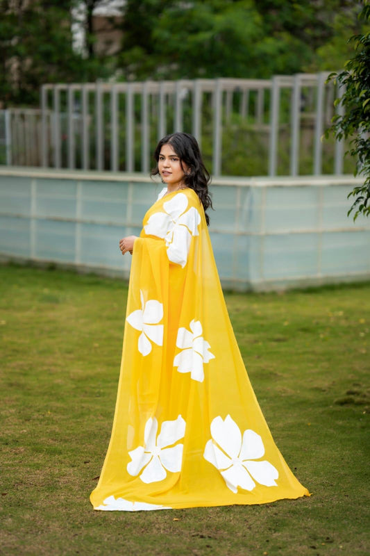 Sunshine Bloom Hand-painted Georgette Saree